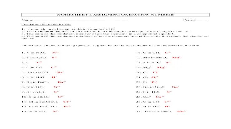 Oxidation numbers worksheet and answers