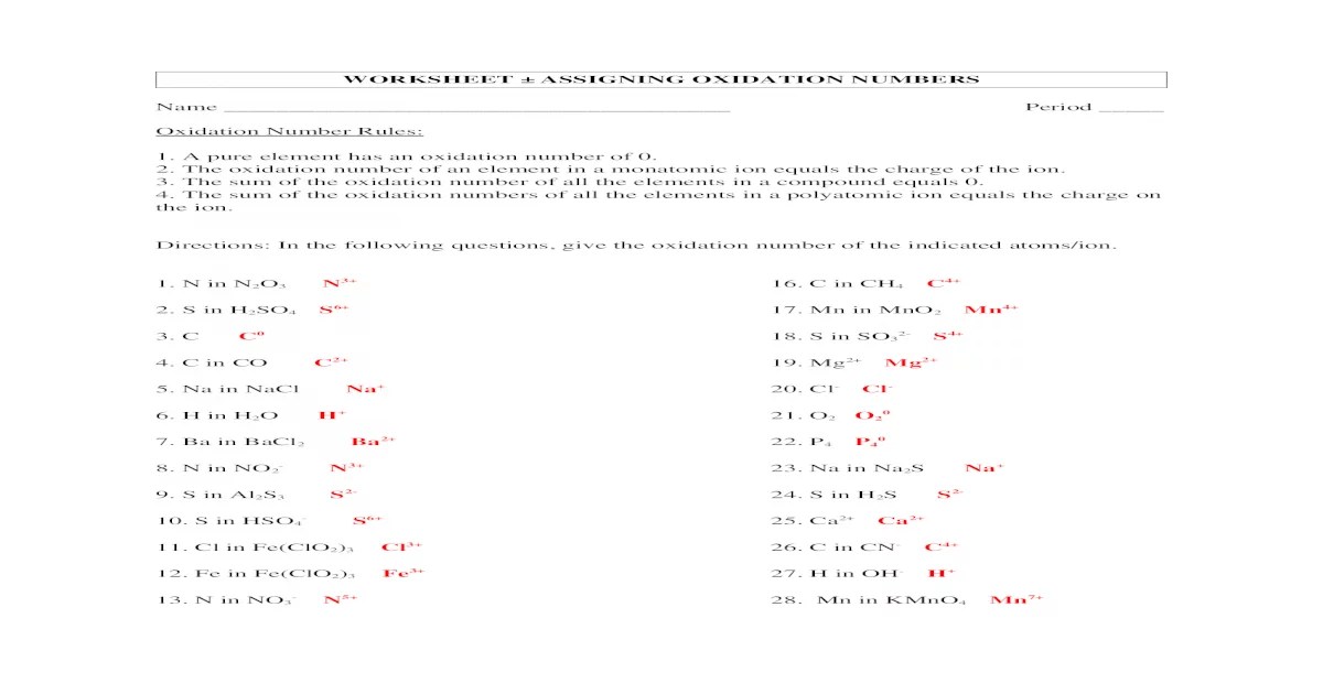 Oxidation numbers worksheet and answers