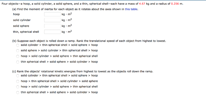 Solid cylinder hoop inertia moment sphere shell objects object radius mass spherical find each four thin table shown gif