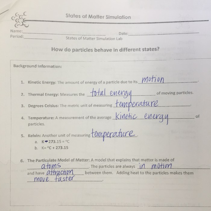 States of matter phet lab answer key