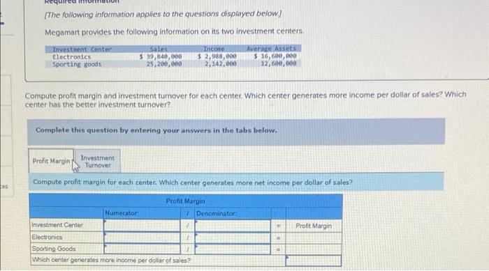 Megamart provides the following information on its two investment centers